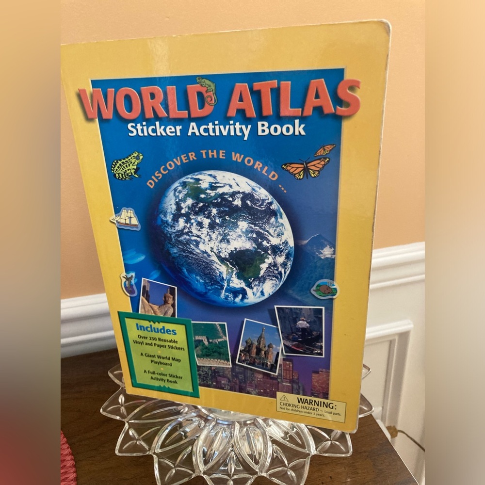 World Atlas Sticker Activity Book for Kids w Fold out Map Play Board. Preowned
